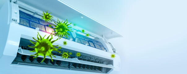 3D rendering of viruses inside the air conditioner.concept of prevention and detection of diseases...