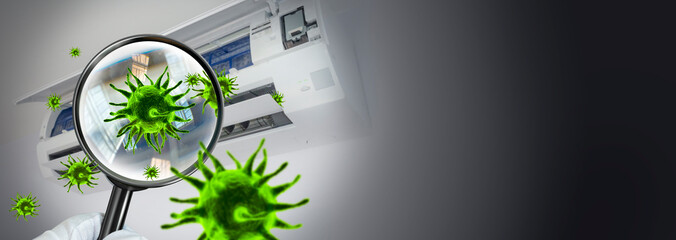 3D rendering of viruses inside the air conditioner by showing through a magnifying glass. concept of prevention and detection of diseases in the respiratory system