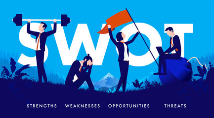 Business SWOT vector illustration - Professional business people showing strengths, weaknesses, opportunities and threats. Vector illustration