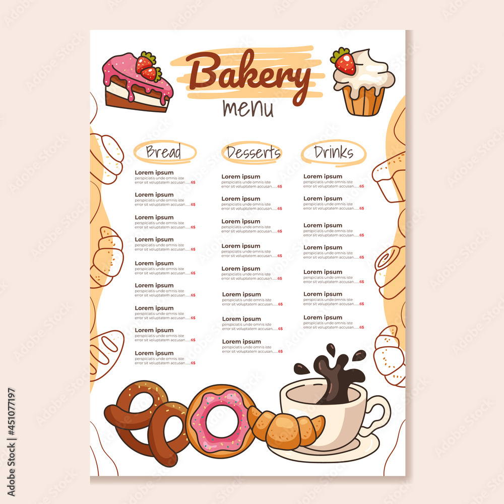 Wall mural Bakery main menu template mock for cafe and restaurant design for print