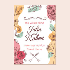 Wedding invitation template with flower print ornament design. Vector illustration