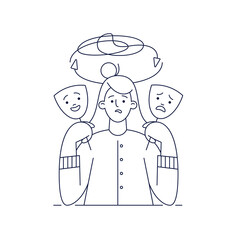 Bipolar disorder vector illustration. Woman shows two face masks with happy and unhappy mood.Editable stroke. Manic depression, mental illness, manic-depressive psychosis concept for web design