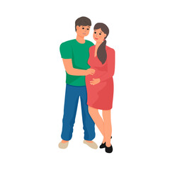 Happy man and pregnant woman isolated vector illustration. Couple expecting a baby. Wife and husbant, family concept.