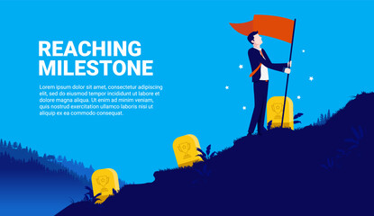 Reaching milestone in business - Businessman planting flag on hill outdoors. Metaphor for achievement and goals. Vector illustration