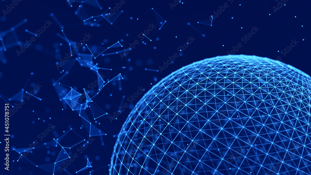 Poster abstract 3d sphere. mesh with points and lines on dark background. concept of network, internet comm