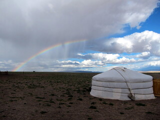 Yurt and Rainbow in Gobi Desert, Mongolia