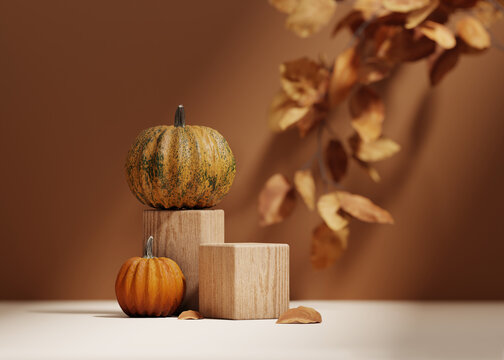 3D Halloween background podium display on beige, wood and pumpkin. Brown cosmetic, beauty product promotion autumn pedestal with shadow.  Natural showcase. Abstract minimal studio 3D render