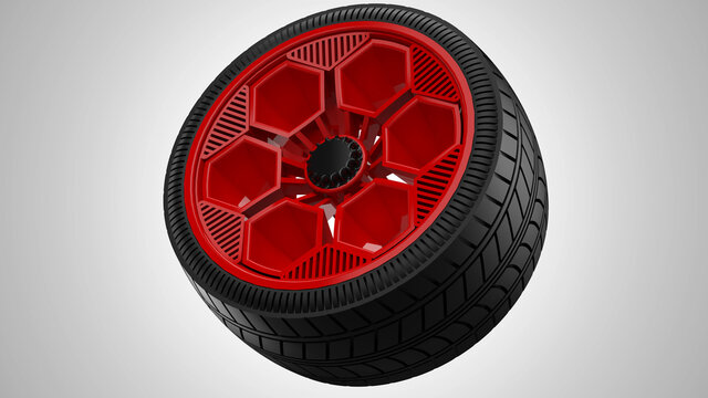 Sports Car Wheel. 3D Rendering image. Red Rim. Black Rubber Tire.