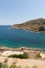 Fototapeta na wymiar Panorama with sea view on Daskalio gulf in Keratea in Athens in Greece