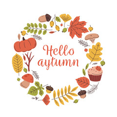 Banner hello autumn. Cute flat elements.