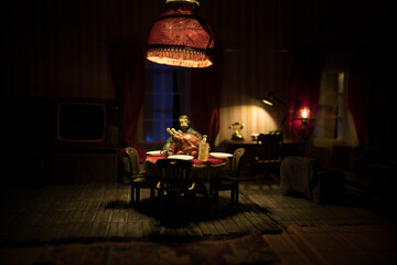 Whole Homemade Thanksgiving Turkey. Thanksgiving Turkey miniature on table. Selective focus