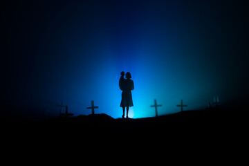 Obraz na płótnie Canvas dead woman and boy zombies. horror halloween concept