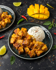 Mango Sticky tofu with jasmine rice and Thai basil