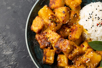 Mango Sticky tofu with jasmine rice and Thai basil