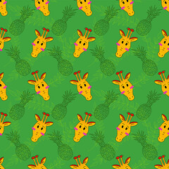 Vector seamless pattern with giraffes, pineapples and palm leaves. Tropical pattern with leaves, fruits and cartoon animals. Print for textiles