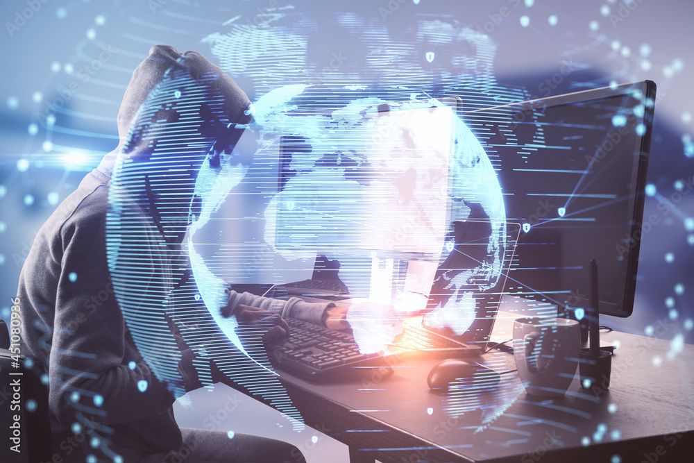 Aufkleber Close up of hacker using computers with abstract globe interface on blurry desktop background. International communication and theft concept. Double exposure.