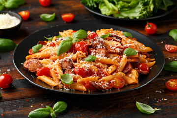 Sausage penne Pasta with tomato sauce, parmesan cheese and basil on black plate