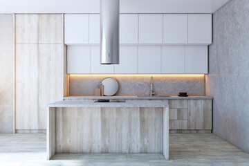 Contemporary wooden kitchen interior with furniture and sunlight. 3D Rendering.