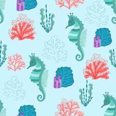Marine vector seamless pattern with cartoon seahorses, algae and corals. Print for printing baby jersey