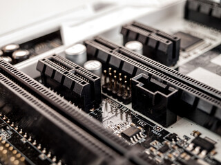 Connector socket for connecting via the high-speed psi express bus on the computer's motherboard, close-up, connecting a video card, storage devices