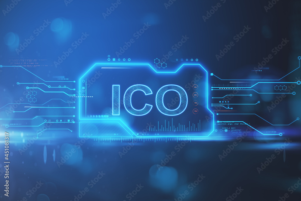 Poster creative ico chip hologram on blue background. initial coin offering concept. 3d rendering.