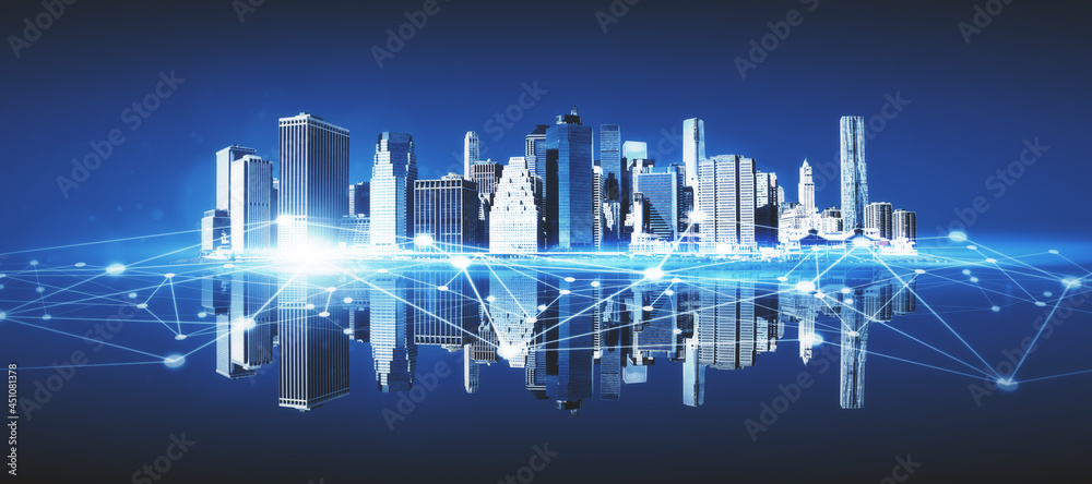 Poster Abstract city skyline with reflections and polygonal network. Communication and urban digital transformation. 3D Rendering.