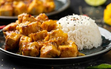 Mango Sticky tofu with jasmine rice and Thai basil