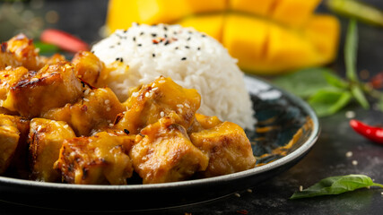 Mango Sticky tofu with jasmine rice and Thai basil
