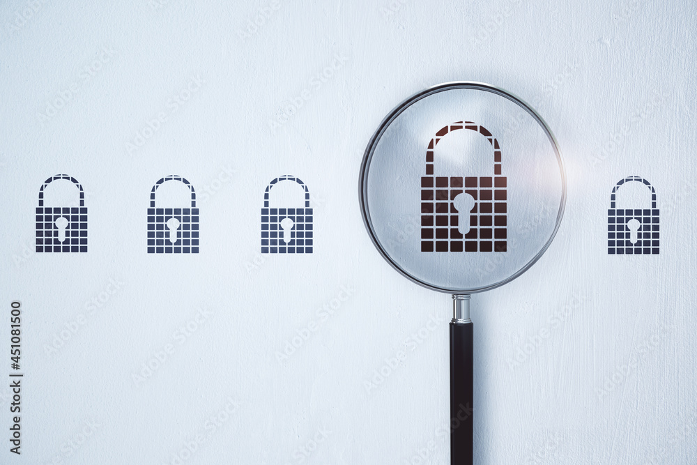 Aufkleber magnifier zooming in on padlock icon on white background. web secuirty concept. 3d rendering.