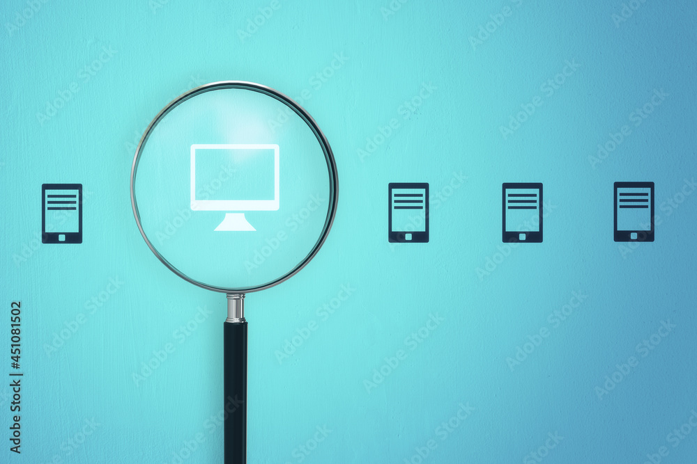 Aufkleber Magnifier zooming in on computer icon on blue background. Digital transformation and online search engine concept. 3D Rendering.