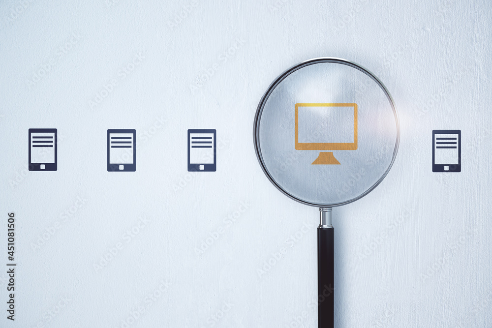 Poster Magnifier zooming in on computer icon on white background. Digital transformation and online search engine concept. 3D Rendering.