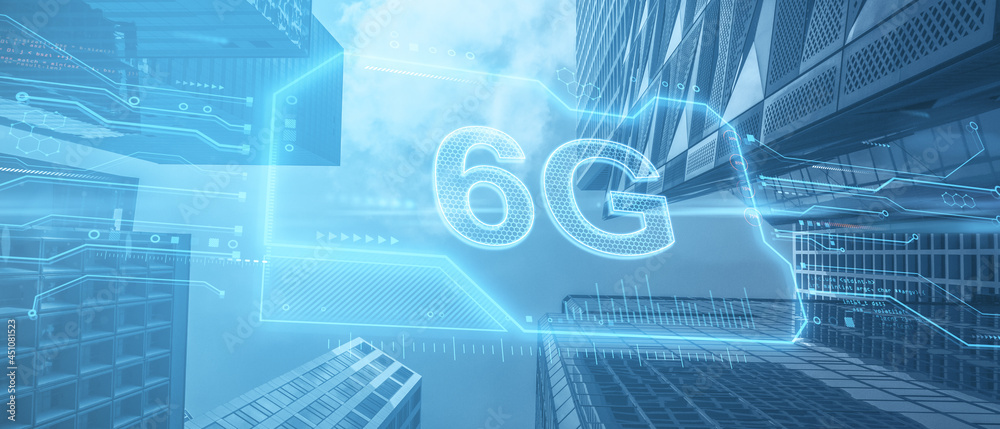 Aufkleber creative 6g chip on abstract bottom up view city background. internet speed and future concept. doub