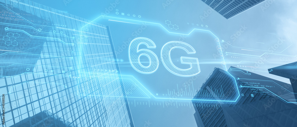 Poster Blue 6G chip on abstract bottom up view city background. Internet speed and future concept. Double exposure.