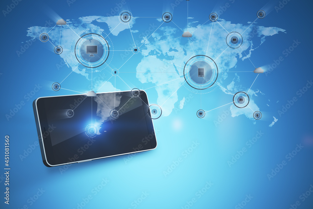 Poster abstract cellphone with glowing map on blue background. network, social media, gps, communication an