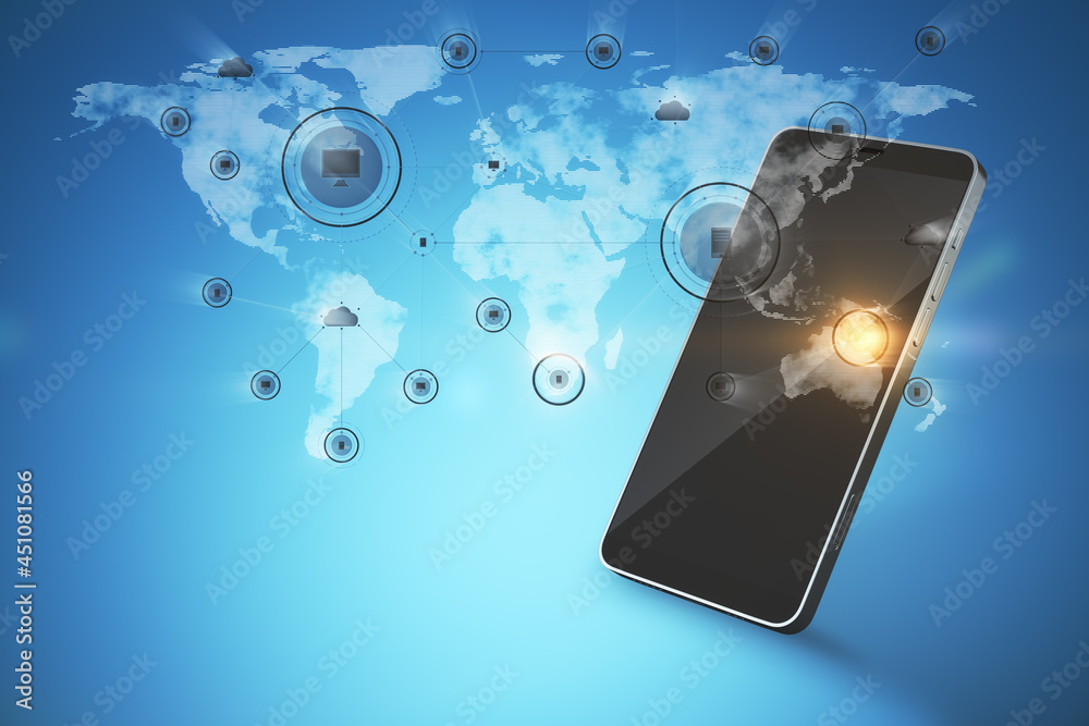 Poster abstract mobile phone with glowing map on blue background. network, social media, gps, communication