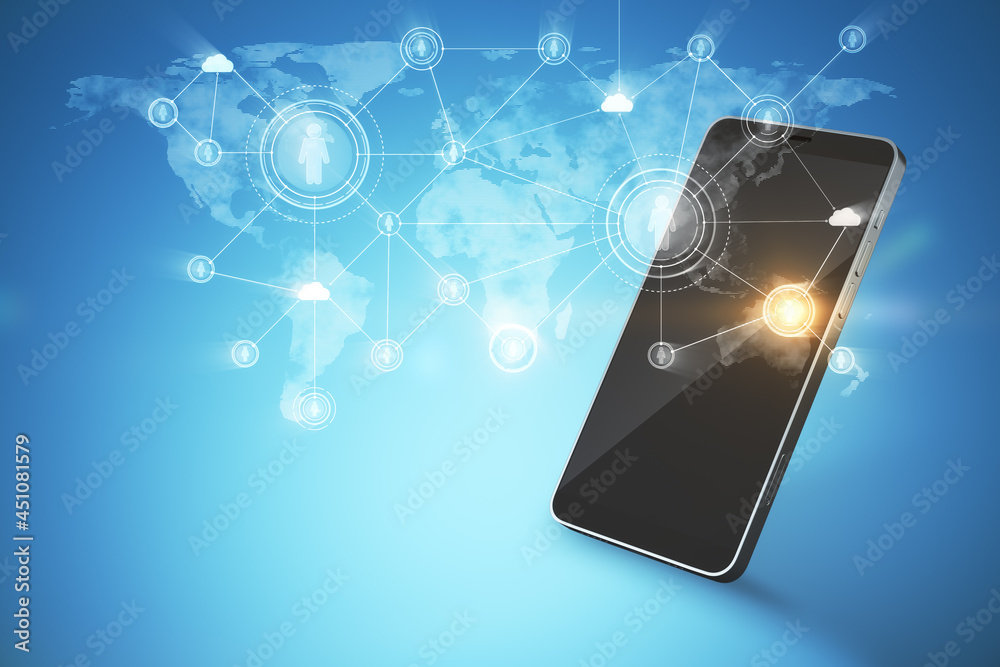 Poster creative smartphone with glowing map on blue background. network, social media, gps, communication a
