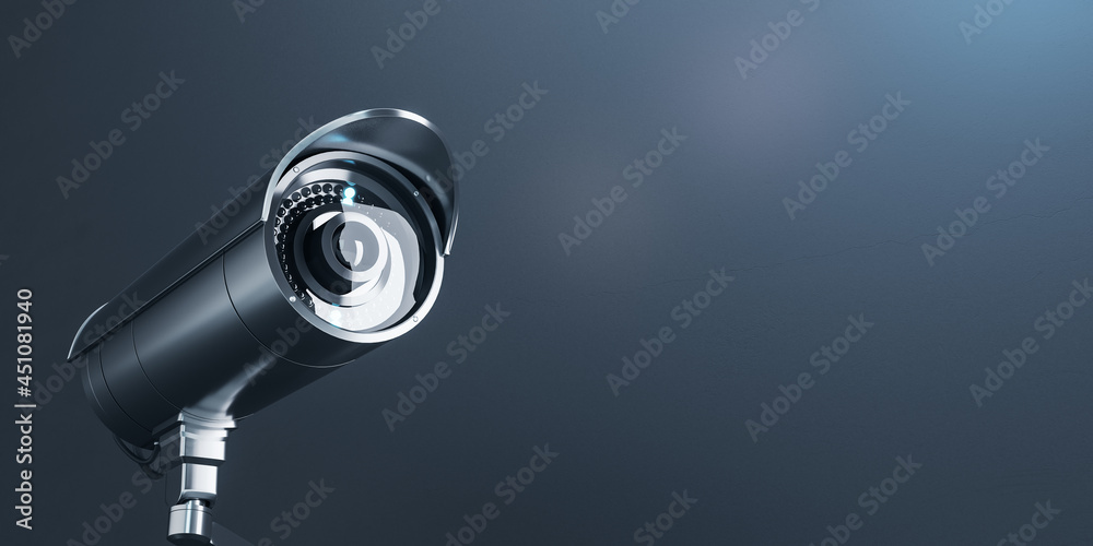 Poster Wide close up image of cctv camera on gray background with mock up place for your text and advertisement. Control system concept. 3D Rendering.