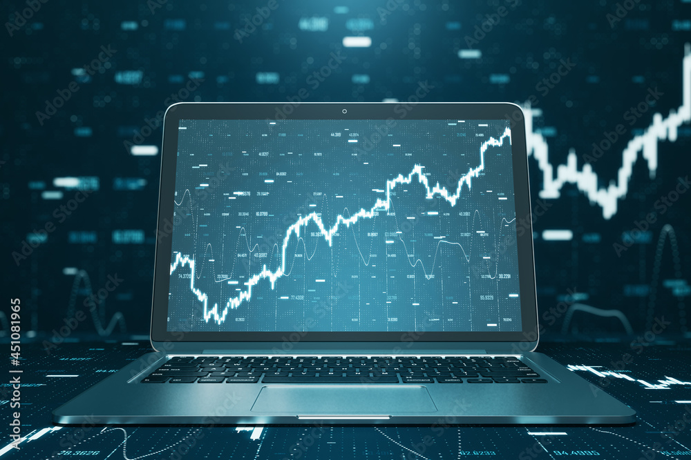 Poster Close up of notebook computer with creative forex chart. Trade, finance, technology and communication concept. 3D Rendering.