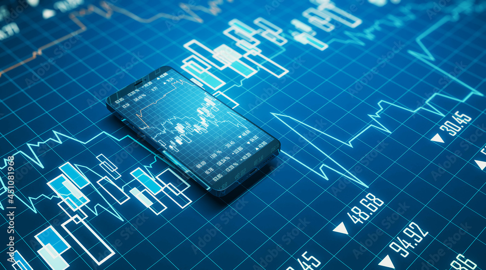 Poster close up of cellular phone with creative forex chart on blue background. trade, finance, technology 