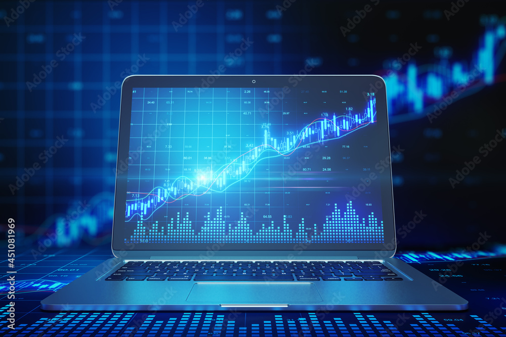 Poster close up of laptop computer with creative forex chart. trade, finance, technology and communication 