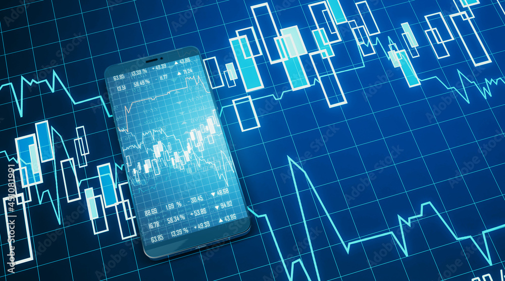 Poster modern close up image of cellphone with creative forex chart on blue background. trade, finance, tec