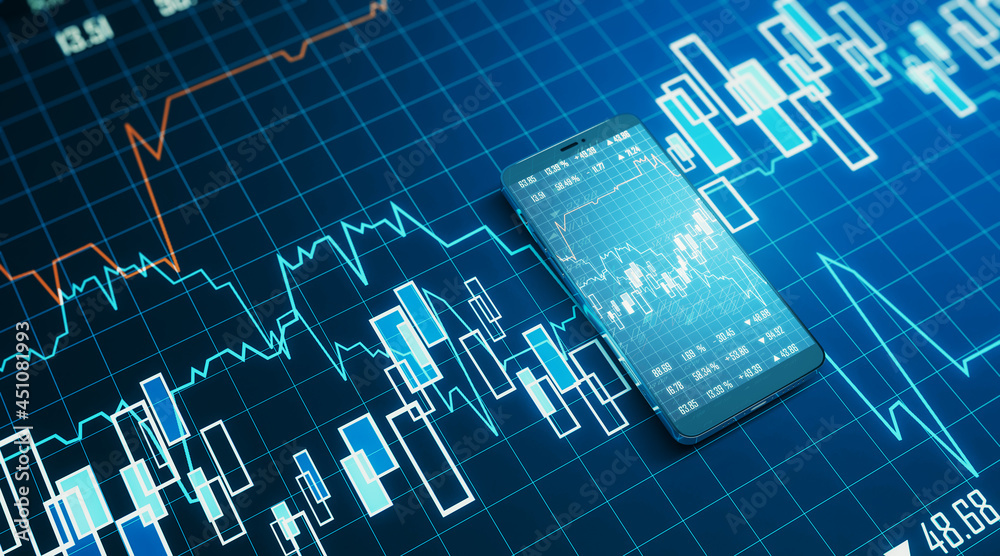 Poster modern close up image of smartphone with creative forex chart on blue background. trade, finance, te