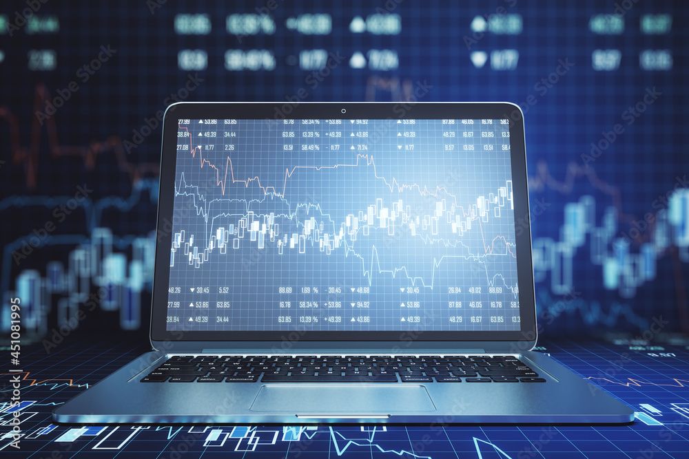 Poster Close up of book computer with creative forex chart. Trade, finance, technology and communication concept. 3D Rendering.