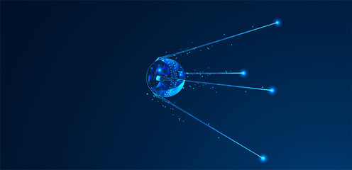 An abstract image of a satellite in the form of a starry sky or space consisting of points, lines and shapes in the form of planets, stars and the Universe. Vector illustration.