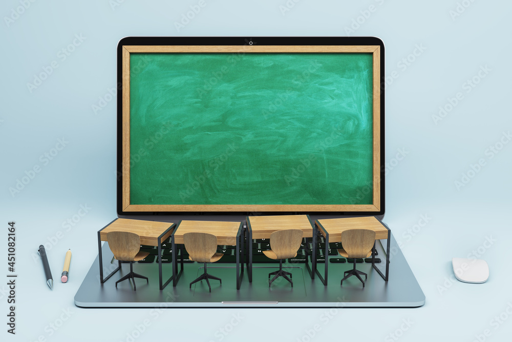 Poster abstract laptop chalkboard screen classrom on light background. online education, seminar, workshop 