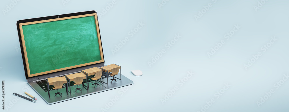 Poster panoramic laptop chalkboard screen classrom on light background. online education, seminar, workshop