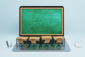 Abstract laptop chalkboard screen classrom on light background. Online education, seminar, workshop and knowledge concept. Mock up, 3D Rendering.
