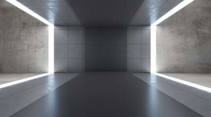 Modern gray concrete interior with lights and mock up place runway. Fashion walk and exhibition concept. 3D Rendering.