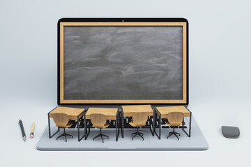 Abstract laptop blackboard screen classrom on light background. Online education, seminar, workshop and knowledge concept. Mock up, 3D Rendering.