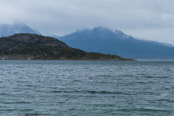 Fototapeta na wymiar Lapataia bay landscape, Tierra del Fuego. Landscape of the Atlantic Ocean in Ushuaia, Argentina landmark.